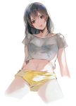  black_hair blue_eyes collarbone cropped_shirt dekooop highres long_hair looking_at_viewer navel original shirt shorts solo t-shirt 