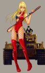  blonde_hair blue_eyes breasts caterpillar_tracks character_request commentary_request fishnet_legwear fishnet_pantyhose fishnets grey_background ground_vehicle highres katayama_makoto long_hair military military_vehicle motor_vehicle nib_pen_(medium) pantyhose schaferhund tank tiger_i traditional_media 