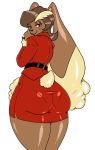  2018 anthro belt big_butt big_eyebrows black_eyes black_nose blush brown_fur brown_hair butt butt_pose clothed clothing female floppy_ears fur hair lollipopcon long_ears looking_at_viewer lopunny nintendo pok&eacute;mon pok&eacute;mon_(species) pok&eacute;morph skirt smile solo standing suit thick_thighs tight_clothing video_games white_bacjground white_fur wide_hips 