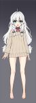  :d ahoge bangs bare_legs bare_shoulders barefoot black_background black_bow blue_eyes blush bow brown_sweater collarbone full_body gradient gradient_background grey_background hair_between_eyes hair_bow highres kuro_(kuronell) long_hair long_sleeves looking_at_viewer off_shoulder open_mouth red_bow ribbed_sweater silver_hair sleeves_past_wrists smile solo soul_worker standing stella_unibell sweater very_long_hair 
