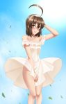  ahoge andou_natsuki brown_hair collarbone commentary covering covering_crotch dress groin hairband hand_in_hair huge_ahoge kitakubu_katsudou_kiroku leaf looking_at_viewer medium_hair no_panties off_shoulder smile solo sundress twrlare white_dress wind wind_lift 