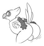  4_fingers anthro avian backsack balls beak bent_over bird black_and_white butt feathers hi_res komponi male martin_(dosent) mask_(marking) monochrome motion_lines nervous presenting presenting_hindquarters raised_tail rear_view simple_background smile solo tail_feathers white_background wings 