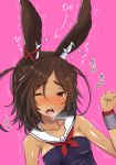  afterimage animal_ears arm_up azur_lane bangs bare_shoulders blush bow breasts brown_hair bunny_ears collarbone commentary_request cursor dark_skin drooling ear_ribbon eyebrows_visible_through_hair fingernails hair_between_eyes heart highres i-26_(azur_lane) kiyomin long_hair medium_breasts neckerchief one_eye_closed open_mouth parted_bangs pink_background red_eyes red_neckwear red_ribbon ribbon sailor_collar saliva simple_background solo sweat tears translation_request trembling white_sailor_collar 