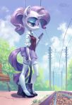  2018 absurd_res anthro bench clothed clothing cloud equine eyeshadow female footwear friendship_is_magic group hair half-closed_eyes hi_res holding_object holivi horn legwear makeup mammal my_little_pony outside rarity_(mlp) solo standing unicorn 