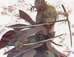  blonde_hair bow breasts commentary djeeta_(granblue_fantasy) english_commentary flower granblue_fantasy hadanugi_dousa hair_flower hair_ornament highres hikari_niji holding holding_sword holding_weapon japanese_clothes katana kengou_(granblue_fantasy) kimono long_sleeves looking_at_viewer medium_breasts mouth_hold obi pink_flower pink_kimono purple_bow red_scarf sarashi sash scarf short_hair solo standing sword triple_wielding twitter_username weapon wide_sleeves yellow_eyes 