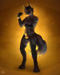  2018 4_toes 5_fingers abs animal_genitalia animal_penis anthro anubian_jackal armband athletic balls black_fur black_hair black_skin canine canine_penis digitigrade erection fur grin hair hettie jackal knot looking_at_viewer male mammal muscular nude penis pose pubes simple_background smile smirk solo standing teeth toes vein yellow_background yellow_eyes yellow_penis 