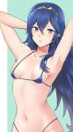  armpits arms_up bikini blue_eyes blue_hair breasts commentary_request dark_blue_hair fire_emblem fire_emblem:_kakusei hair_ornament long_hair looking_at_viewer lucina mejiro navel open_mouth small_breasts swimsuit symbol_in_eye tiara two-tone_background 