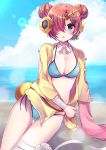  :o arm_support asymmetrical_sleeves bandaged_arm bandaged_leg bandages bangs beach bikini blue_bikini blue_eyes blue_sky blush breasts cleavage cloud cloudy_sky collarbone commentary day double_bun eyebrows_visible_through_hair fate/grand_order fate_(series) flower frankenstein's_monster_(fate) frankenstein's_monster_(swimsuit_saber)_(fate) hair_ornament hair_over_one_eye highres horizon jacket looking_at_viewer medium_breasts minami_saki ocean open_clothes open_jacket outdoors parted_lips red_hair rose sand side-tie_bikini side_bun sky sleeves_past_fingers sleeves_past_wrists solo swimsuit water white_flower white_rose yellow_jacket 