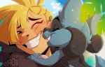  2018 anthro black_fur blonde_hair blue_eyes blue_fur cute duo eyes_closed fur gladion_(pok&eacute;mon) hair human mammal nintendo one_eye_closed pok&eacute;mon pok&eacute;mon_(species) riolu size_difference smile teeth video_games wink xnirox 