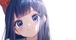  :3 bangs blue_eyes blue_hair blunt_bangs blush bow closed_mouth commentary dark_blue_hair eyebrows_visible_through_hair face hair_bow head_tilt light long_hair looking_at_viewer pipimi poptepipic portrait red_bow ryota_(ry_o_ta) signature simple_background solo straight_hair symbol_commentary white_background 