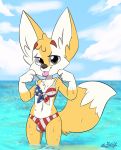  2018 absurd_res anthro beach bikini biped brown_eyes bulge canine clothed clothing crossdressing digital_drawing_(artwork) digital_media_(artwork) fennec fourth_of_july fox fur girly hair hi_res holidays looking_at_viewer male mammal outside seaside sky smile solo standing swimsuit text tongue tongue_out tuff water ziggy_fox 
