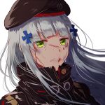  bangs beret blood blunt_bangs crying crying_with_eyes_open damaged deep_wound floating_hair girls_frontline green_eyes hair_ornament hat hk416_(girls_frontline) injury jacket long_hair looking_at_viewer parted_lips sidelocks silence_girl silver_hair simple_background solo tears white_background wind 