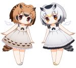  alternate_costume angel_wings arms_at_sides bangs bare_arms bare_legs bare_shoulders bebeneko bird_tail blush brown_eyes brown_hair chibi collarbone commentary_request detached_wings dress eurasian_eagle_owl_(kemono_friends) expressionless eyebrows_visible_through_hair feathered_wings frilled_dress frills full_body gradient_hair grey_dress kemono_friends leaning_to_the_side legs_together looking_at_viewer multicolored_hair multiple_girls northern_white-faced_owl_(kemono_friends) orange_eyes sandals short_hair silver_hair simple_background sleeveless sleeveless_dress standing sundress symmetry tail white_background white_wings wings 