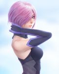  adjusting_hair arm_up commentary elbow_gloves expressionless fate/grand_order fate_(series) from_side gloves hair_over_one_eye highres lavender_hair looking_at_viewer mash_kyrielight miura-n315 purple_eyes realistic short_hair shoulders simple_background sleeveless solo upper_body 