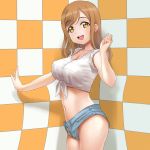  a1 brown_hair check_commentary commentary_request cowboy_shot denim denim_shorts kunikida_hanamaru long_hair love_live! love_live!_sunshine!! midriff navel no_panties open_fly open_mouth round_teeth shirt short_shorts shorts sleeves_rolled_up smile solo teeth tied_shirt upper_teeth white_shirt yellow_eyes 