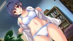  ahoge ass_visible_through_thighs bangs black_hair blue_bra blue_panties blurry blurry_foreground bookshelf bra breasts depth_of_field dress_shirt dutch_angle eyebrows_visible_through_hair game_cg hair_intakes hair_ornament hairclip indoors long_sleeves looking_at_viewer m.c._saimin_kenkyuu medium_breasts medium_hair navel no_pants open_clothes open_mouth open_shirt orange_scrunchie panties paw_print red_eyes scrunchie shirt short_ponytail smile solo sports_bra underwear undressing urozuki_akira white_shirt yanase_shiho 