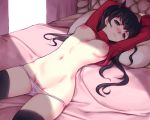  bed black_hair black_legwear blue_eyes blush breasts clothes_lift fate/stay_night fate_(series) hair_ribbon long_hair long_sleeves looking_at_viewer lying medium_breasts navel nipples nose_blush on_back on_bed pillow pubic_hair pubic_hair_peek red_sweater ribbon sieyarelow solo sweater sweater_lift thighhighs toosaka_rin two_side_up 