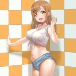  a1 brown_hair check_commentary commentary_request cowboy_shot denim denim_shorts kunikida_hanamaru long_hair love_live! love_live!_sunshine!! midriff navel no_panties open_fly open_mouth round_teeth shirt short_shorts shorts sleeves_rolled_up smile solo teeth tied_shirt upper_teeth white_shirt yellow_eyes 