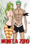  1boy 1girl areolae breasts large_breasts monet_(one_piece) nipples one_piece roronoa_zoro sanji smile 