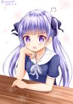  :o arm_rest arm_support bangs black_bow black_shirt blush bow commentary_request dated eyebrows_visible_through_hair grey_ribbon hair_bow highres long_hair looking_at_viewer neck_ribbon new_game! open_mouth purple_eyes purple_hair ribbon shirt short_sleeves solo suzukaze_aoba table twintails twitter_username very_long_hair zenon_(for_achieve) 