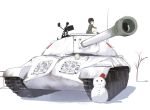  blonde_hair blue_eyes caterpillar_tracks commentary_request emblem girls_und_panzer ground_vehicle gun is-3 katyusha machine_gun military military_vehicle motor_vehicle pravda_(emblem) pravda_military_uniform short_hair simple_background snowman tank tree tsuru_(tsubasa1993621) weapon white_background 