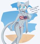  2018 4_fingers anthro bikini blue_eyes blue_fur breasts clothing cloud feline female fur hi_res long_tail mammal medium_breasts midriff navel raydio simple_background sky slavcat solo swimsuit text united_states_of_america 