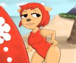  anthro breasts butt caprine clothed clothing female fur hair half-closed_eyes lammy_lamb mammal one-piece_swimsuit parappa_the_rapper red_hair sheep simple_background sin-buttons_(artist) swimsuit um_jammer_lammy video_games 