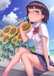  ;) beach blue_skirt blue_sky blush bottle bow bowtie brown_eyes brown_hair closed_mouth cloud collared_shirt commentary day dress_shirt flower glint hair_ornament hairclip hand_up holding holding_bottle ocean one_eye_closed original outdoors pleated_skirt ramune red_neckwear ryuinu sand shirt short_hair short_sleeves sitting skirt sky smile solo sunflower water white_shirt yellow_flower 