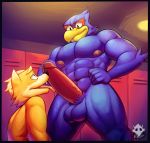  2018 anthro anthro_on_anthro avian balls canine elfein erection falco_lombardi fox fox_mccloud humanoid_penis kneeling licking locker_room male male/male mammal muscular nintendo nude oral penis star_fox tongue tongue_out video_games 
