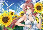  brown_hair bubble cloud commentary commentary_typo day doki_doki_literature_club dress english_commentary flower green_eyes jewelry long_hair monika_(doki_doki_literature_club) necklace outdoors ponytail ribbon sky sleeveless sleeveless_dress smile solo sundress sunflower upper_body very_long_hair white_dress wind_turbine windmill xhunzei 