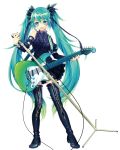  :d bangs black_footwear black_shirt black_skirt blue_eyes blue_hair boots contrapposto detached_sleeves fender_stratocaster full_body gothic_lolita gradient_hair green_hair guitar hair_between_eyes hair_ribbon hatsune_miku highres holding holding_instrument holding_microphone instrument lolita_fashion long_hair looking_at_viewer microphone microphone_stand miniskirt multicolored_hair open_mouth renta_(deja-vu) ribbon shirt simple_background skirt sleeveless sleeveless_shirt smile solo standing thigh_boots thighhighs twintails two-tone_hair very_long_hair vocaloid white_background 