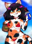  2018 4_fingers anthro breasts calico_cat cat clothing collar feline female food fur green_eyes hair licking licking_lips looking_at_viewer mammal slightly_chubby strawberrybunny swimsuit tongue tongue_out 