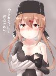 blush bow breasts brown_hair closed_mouth dagappa eyebrows_visible_through_hair fingerless_gloves gloves grey_background hair_between_eyes hair_bow hair_ornament hairclip hat highres jacket kantai_collection looking_at_viewer low_twintails medium_breasts open_clothes papakha red_eyes russian_clothes simple_background solo star tashkent_(kantai_collection) torn_clothes translated twintails 