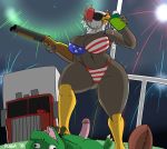  2018 4th_of_july alcohol avian bald_eagle ball beak beer beverage bikini bird breasts cleavage clothed clothing domination duo eagle erection eyewear female female_domination fireworks football_(ball) gun hi_res holidays humanoid_penis lizard male male/female non-mammal_breasts penis plaga ranged_weapon reptile scalie shotgun signature standing sunglasses swimsuit thick_thighs truck united_states_of_america vehicle weapon wide_hips 