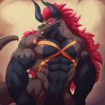  abs animal_genitalia anthro batzz_(buddyfight) biceps big_muscles black_skin dragon genital_slit grey_skin hair half_portrait horn istani looking_at_viewer male markings muscular muscular_male open_mouth pecs red_eyes red_hair simple_background slit solo standing 