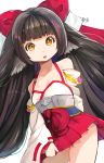  animal_ears azur_lane black_hair bow breasts brown_eyes cleavage commentary detached_sleeves hair_bow hakama_skirt harutsuki_(azur_lane) highres japanese_clothes long_hair miko miniskirt nontraditional_miko nyucha open_mouth red_skirt ribbon skirt skirt_tug small_breasts solo very_long_hair 