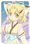  alternate_costume animal_ears artist_name blonde_hair cat_ears commentary cosplay extra_ears green_eyes hagoromo highres japanese_clothes kemono_friends looking_at_viewer orihime orihime_(cosplay) sand_cat_(kemono_friends) sash shawl shiraha_maru short_hair smile solo 