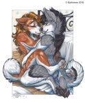  2018 anthro black_hair black_nose blush breasts brown_fur brown_hair canine digitigrade dog duo embrace eyes_closed female fur grey_fur hair husky kashmere kneeling male male/female mammal mastery_position nude pawpads sex side_boob smile spread_legs spreading tasteful white_fur 