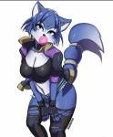  anthro blue_eyes breasts candy canine cleavage clothed clothing cutoffs deareditor denim_shorts female food fox gum krystal looking_at_viewer mammal nintendo shorts simple_background solo star_fox torn_clothing video_games white_background 