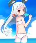  :o bangs bikini blue_hair blue_sky blunt_bangs blush cloud cloudy_sky commentary day food from_behind hair_ribbon kantai_collection long_hair looking_at_viewer looking_back murakumo_(kantai_collection) popsicle red_eyes ribbon sky solo swimsuit tress_ribbon v-shaped_eyebrows white_bikini yoru_nai 