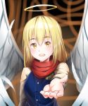  :d absurdres angel_wings anzu_(hinamatsuri) bangs blonde_hair blunt_bangs blush dress_shirt feathered_wings halo highres hinamatsuri_(manga) long_hair looking_at_viewer open_mouth outstretched_arm red_scarf scarf shiny shiny_hair shirt smile solo upper_body white_wings wings yellow_eyes yunyunmaru 