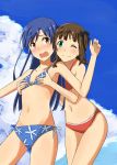  ;) amami_haruka bangs bikini black_ribbon blue_bikini blue_hair blue_sky blush breast_grab breasts brown_eyes brown_hair cloud collarbone cowboy_shot day embarrassed grabbing grabbing_from_behind green_eyes groin hair_ribbon idolmaster idolmaster_(classic) kisaragi_chihaya leaning_forward long_hair multiple_girls navel one_eye_closed outdoors red_bikini ribbon shiny shiny_hair side-tie_bikini sky small_breasts smile swept_bangs swimsuit teru_(grafroller) white_ribbon yuri 