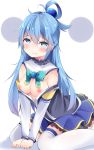  :t aqua_(konosuba) bangs black_shirt blue_eyes blue_hair blue_skirt blush bow breasts closed_mouth commentary_request detached_sleeves eyebrows_visible_through_hair green_bow hair_between_eyes hair_ornament highres kono_subarashii_sekai_ni_shukufuku_wo! kyuukon_(qkonsan) long_hair long_sleeves looking_at_viewer medium_breasts nipples off_shoulder pleated_skirt pout shirt sitting skirt sleeveless sleeveless_shirt solo tears thighhighs very_long_hair wariza wavy_mouth white_legwear 