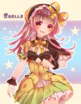  :d atelier_(series) atelier_lydie_&amp;_suelle blush bow character_name clenched_hand eyebrows_visible_through_hair head_tilt high-waist_skirt long_hair looking_at_viewer necota116 open_mouth outline pink_eyes pink_hair skirt smile solo star suelle_marlen white_outline wrist_cuffs yellow_bow 
