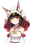 absurdres animal_ears azur_lane bare_shoulders black_hair commentary_request highres hood japanese_clothes kimono looking_at_viewer nagato_(azur_lane) short_hair simple_background smile solo uchikake upper_body white_background xiang_cheng_(nido) yellow_eyes 