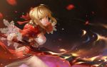  ahoge ass blonde_hair breasts butt_crack cleavage eyebrows_visible_through_hair fate/extra fate_(series) from_side green_eyes highres holding holding_sword holding_weapon looking_at_viewer medium_breasts nero_claudius_(fate) nero_claudius_(fate)_(all) outstretched_arms petals renyu1012 school_uniform sideboob sidelocks smile solo sword tied_hair weapon 