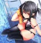  arm_strap arm_support azur_lane bangs bare_shoulders beach black_gloves black_hair black_legwear black_panties blush breasts cleavage commentary cross cross_earrings crossed_bangs day earrings elbow_gloves equan_tk eyebrows_visible_through_hair eyes_visible_through_hair from_above front_zipper_swimsuit gloves hair_between_eyes hair_ornament head_tilt headgear highres iron_cross jewelry large_breasts long_hair looking_at_viewer meme_attire multicolored_hair no_bra one-piece_swimsuit one_side_up outdoors panties poolside red_eyes sidelocks sitting skindentation solo streaked_hair swimsuit symbol-shaped_pupils thighhighs thighs towel u-47_(azur_lane) underwear unzipped wet white_hair wiping work_in_progress 