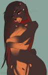  2018 breasts brown_fur brown_hair brown_nose canine collar doberman dog ear_tag female fur hair long_hair looking_at_viewer mammal missy_(artist) nude open_mouth pussy short_tail solo standing teeth wide_hips 