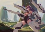  alice_gear_aegis armor bare_shoulders bigrbear bird boots breasts cannon closed_mouth cloud cloudy_sky day dove flock headgear highres large_breasts legs_apart leotard long_hair looking_at_viewer mecha_musume nikotama_mai outdoors purple_eyes purple_hair revision science_fiction sky smile solo space_craft standing underboob 