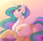  2018 butt camel_toe choker clothed clothing cute cutie_mark dock equine eyebrows eyelashes feathered_wings feathers female feral friendship_is_magic hair hooves horn legwear long_hair looking_at_viewer looking_back mammal multicolored_hair my_little_pony panties portrait princess_celestia_(mlp) purple_eyes rainbow_hair rear_view simple_background sitting smile solo sparkles stockings thigh_highs toroitimu underwear white_feathers winged_unicorn wings 